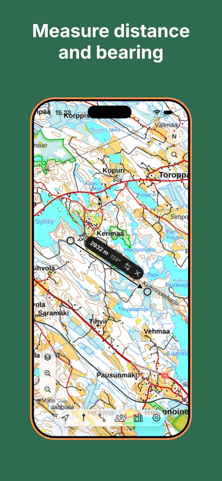 Lokimaps measure tool showing distance and bearing between two points
