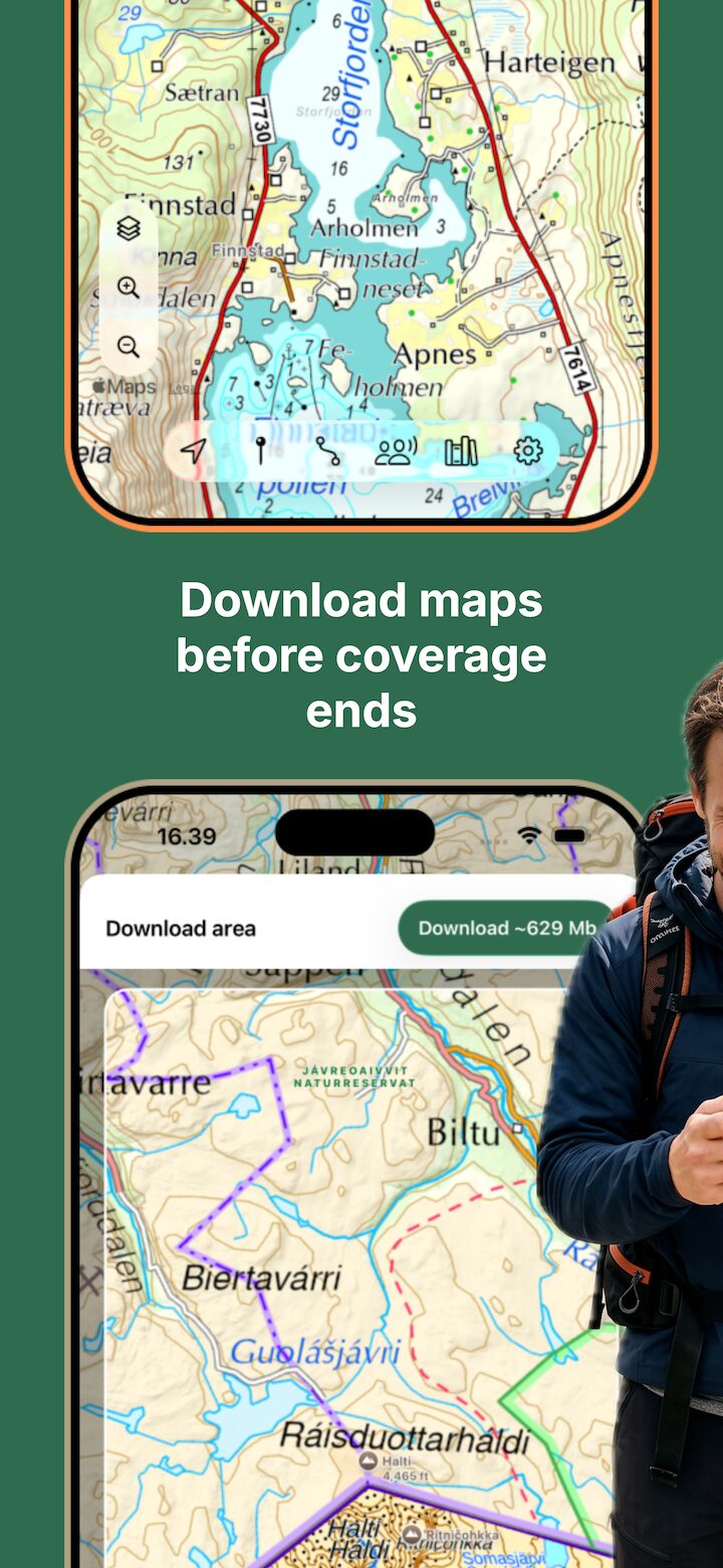Lokimaps downloading an offline map area across the Finnish–Norwegian border